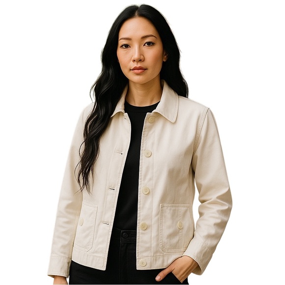 L.L. Bean Jackets & Blazers - LL Bean Women White  Jacket Medium Petite Casual Outdoor Button Up Yellow  Trim